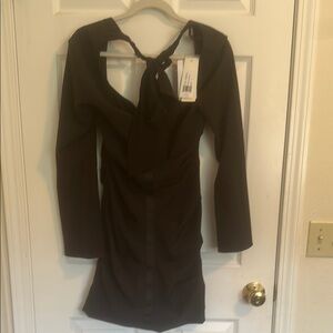 Black Asymmetrical Ruched Long Sleeve Dress